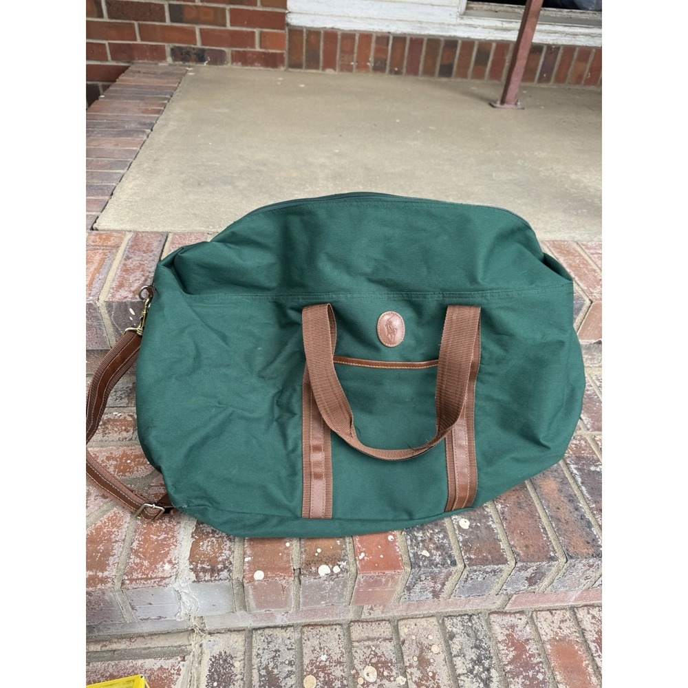 Polo Ralph Lauren Green Brown Zip Duffle Bag Shoulder Strap Classic Sports